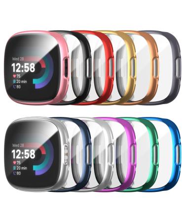 12 Pack Case for Fitbit Versa 4/Fitbit Sense 2 with Screen Protector Haojavo Soft TPU Full Protective Cover Ultra-Thin Scratch Resistant Slim Fit Plated Bumper for Fitbit Versa 4 Sense 2 Accessories
