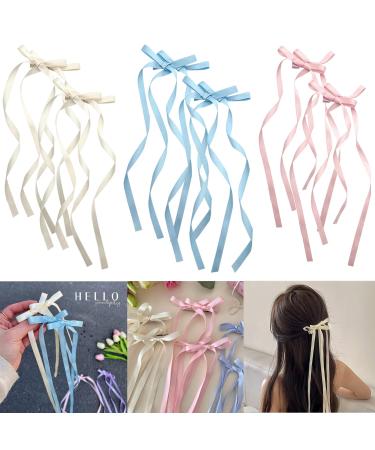 2PCS Hair Bows Clips for Women-Long Velvet Bow Hair Ribbons Barrette Snap Bow Hair Clip-Hair Accessories Gift for Teen Girls (6PCS blue+pink+off white)