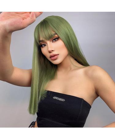 Pretfy Green Wig for Women 16 Natural Middle Length Straight Wig with Hair Bangs - Grass Green Wig for Cosplay & Halloween - Heat Resistant Synthetic Hair - Short-2 (Green) - Buy Online on GoSupps.com