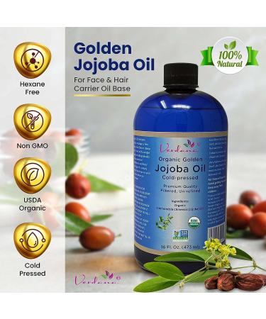 Verdana Organic Golden Jojoba Oil - USDA Certified, Cold Pressed, 100% Pure & Hexane Free - 16 Fl Oz - Buy Online on GoSupps.com