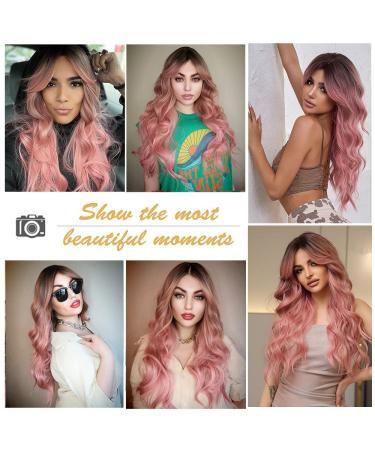 Esmee Long Wavy Pale Pink Wig with Bangs - Curly Synthetic Hair for Women, Heat Resistant Fiber - Perfect for Daily Wear, Parties, and Cosplay - Buy Online on GoSupps.com