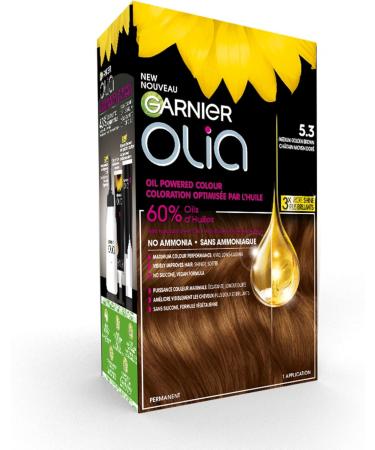 Garnier Olia Permanent Hair Dye Ammonia-Free Hair Color 5.3 Medium Golden Brown Long-Lasting Hair Shine With 60% Oils 1 Application BROWN SHADES 5.3 Medium Golden Brown - Buy Online on GoSupps.com
