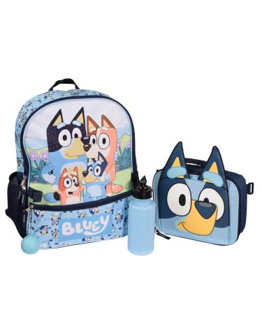 Bluey Girls & Boys Toddler 4 Piece Backpack Set for Kindergarten School Bag with Front Zip Pocket Mesh Side Pockets Insulated Lunch Box Water Bottle and Squish Ball Dangle