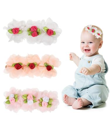 Baby Girl Headband 3Pcs Delicate Floral Flower Headbands Baby Girl Flower Nylon Lace Hairband Soft Stretchy Christmas Hair Accessories for Newborn Infant Toddler Kid Pink White Orange Combination three 3pcs