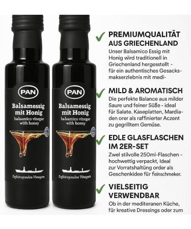  PAN Premium balsamic vinegar with honey - Mild and aromatic - Greek balsamic - 2 x 250 ml - Fine food - Buy Online on GoSupps.com