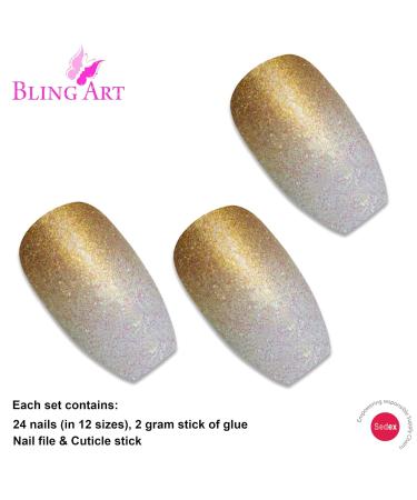 Bling Art False Nails - Gold Gel Ombre Ballerina Coffin | 24 Long Artificial Nails with Glue for International Shipping - Buy Online on GoSupps.com