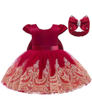 Keaiyouhuo Lace Tulle Princess Dress with Bowknot Headwear | Red | 18-24 Months - Buy Online on GoSupps.com