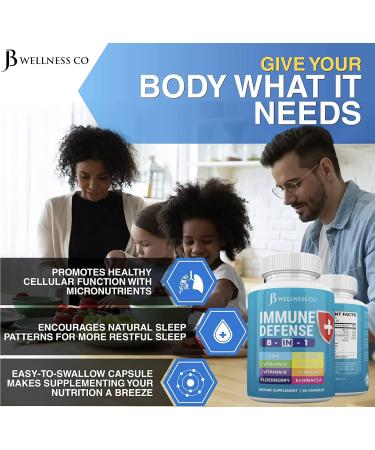 JB Wellness CO Immune Support 8 in 1 Capsules - Zinc, Vitamin D3, C, Elderberry - Immune Booster with Echinacea, Ginger, Turmeric - 2-Pack - Buy Online on GoSupps.com