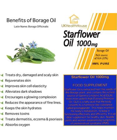 UKHealthHouse Starflower Oil Borage Capsules 1000mg x 360 - 20% GLA, High Strength Omega 6 for Skin, Digestion, Headaches - Women's Health - 586g 360 Count - Buy Online on GoSupps.com