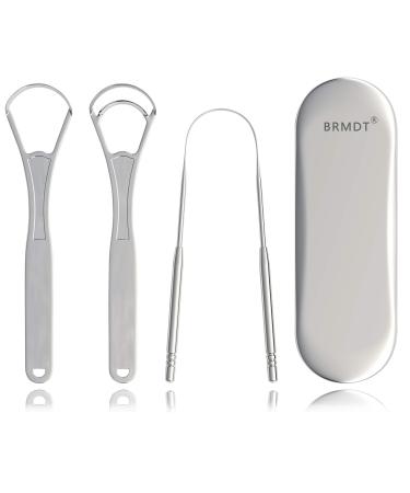 BRMDT Tongue Scrapers for Adults and Kids - Professional Tongue Cleaners Set for Oral Cleaning, Reduce Bad Breath, Medical Grade Stainless Steel Tongue Scrapers (3-in-1) with Carrying Case (Silver)