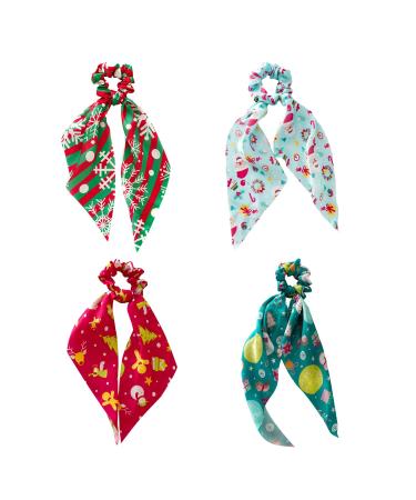 JNAWA 4Pieces Christmas Hair Scarf Scrunchies Fashion Hair Scrunchies with Long Ribbon Bow Cute Pattern Scrunchies for Christmas Birthday Hair Accessories