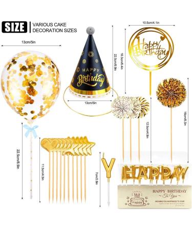 livhil Birthday Cake Topper Set Happy Birthday Cupcake Topper Letters Cake Candles Toppers Confetti Balloon Stars Hearts Birthday Hat & Fan Cupcake Toppers Birthday Cake Decoration Supplies (Gold) - Buy Online on GoSupps.com