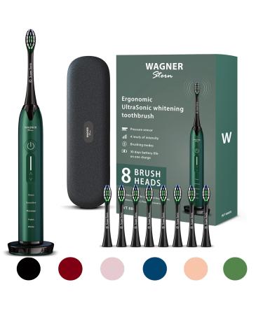 Wagner & Stern Ultrasonic whitening Toothbrush with Pressure Sensor. 5 Brushing Modes and 4 Intensity Levels with 3D Sliding Control 8 Dupont Bristles Premium Travel Case. Green