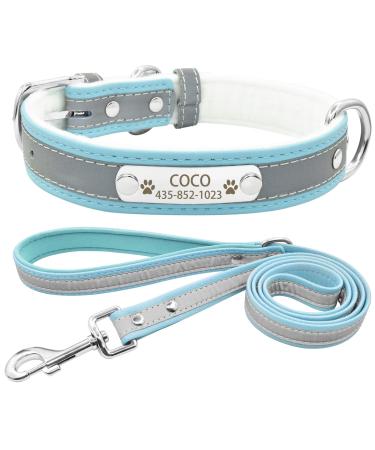 Senristar personalized reflective dog collar and leash set custom engraved warm food dog tape with name sign for small medium large dogs & cats L (width 2.5 cm neck circumference 34-45 cm) blue set