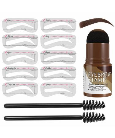 Eyebrow Stamp Stencil Kit  contains 10 reusable molds  and 2 small pencil brushes  Waterproof Brow Stamp and Shaping Kit  professional eyebrow styling tools (dark brown)
