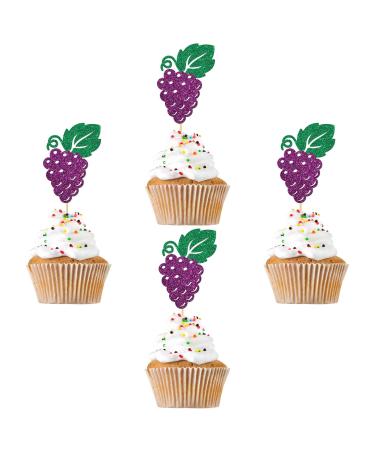 RoadSea Fruit Grape Cupcake Toppers - Fruit theme Baby Shower Cupcake Supplies - Kid Boy Girl Birthday Dessert Decor - Wedding Party Cupcake Decorations - 24 PCS Purple Glitter