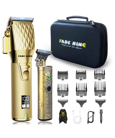 FADEKING Professional Hair Clippers and Trimmer Set - Cordless Hair Clippers for Men, LCD Display Barber Clippers for Hair Cutting, Rechargable Beard T Outliner Trimmers Haircut Grooming Kit Gloden+gold