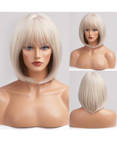 HAIRCUBE 12 Inch Blonde to White Bob Wig with Bangs | Ombre to Blonde Synthetic Heat Resistant Hair for Women - Creamy White - Buy Online on GoSupps.com