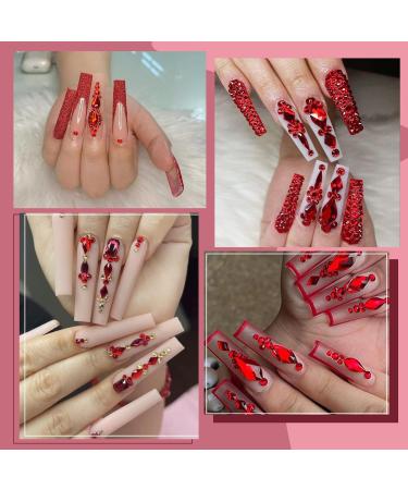 1820Pcs Red Rhinestones Nail Gems - 12 Styles 3D Glass Crystals | Multi Shape Flatback Face Gems with Rhinestones Picker and Tweezers - Buy Online on GoSupps.com
