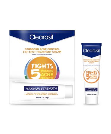 Clearasil Stubborn Acne Control 5in1 Spot Treatment Cream  Maximum Strenght with 10% Benzoyl Peroxide  Acne Medication  1 oz