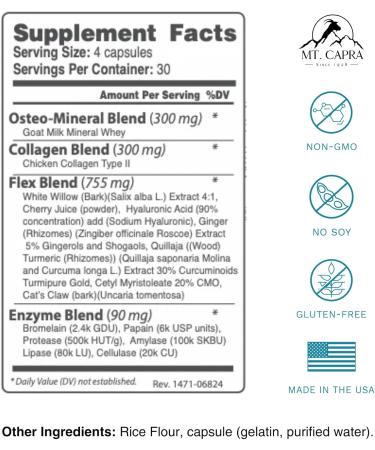 Buy MT. CAPRA CapraFlex Bone & Joint Support Supplement - Natural Chicken Collagen Hyaluronic Acid Turmeric - 120 Capsules for Joint Health | International Shipping - Buy Online on GoSupps.com