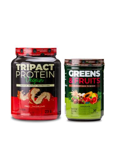 Nutrology Greens & Fruits Powder-Naturally Sourced Superfood Chocolate (30 Servings) TRIPACT Vegan Protein Powder for Vegan Protein Shakes Peanut Butter Vanilla (20 Servings)