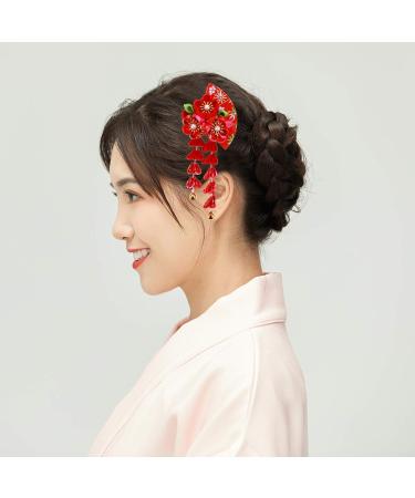 Japanese Style Cloth Hairpin Tassel Fans Shape Barrette with Bells Kimono Flower Headdress Traditional Clothes Cosplay Hair Decoration Accessory for Women Red - Buy Online on GoSupps.com
