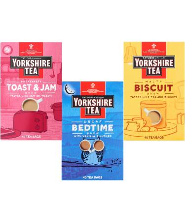 Taylors Tea Brew Selection | Breakfasty Toast & Jam Malty Biscuit Decaf Bedtime | Set of 3 | 40 Tea bags Each | Total 120 Tea bags - Buy Online on GoSupps.com