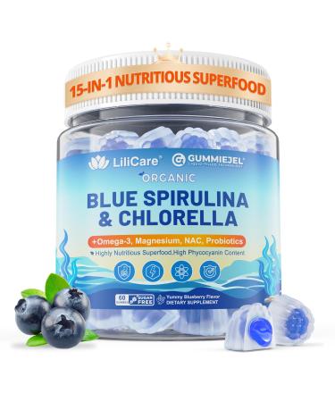 Organic Blue Spirulina Chlorella Gummies Superfoods & Excellent Source of Vegan High Phycocyanin Chlorophyll B-Complex Essential Minerals for Energy Antioxidants Det x Sugar Free 60 Cts 60 Count (Pack of 1)
