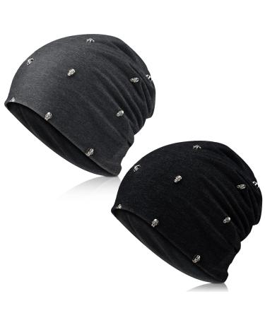 Winter Gothic Hat 2 Pieces Unisex Goth Beanie Rivet Rock Punk Hat Stud Spike Hats for Men Women, Black Gray Skull