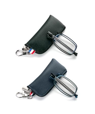 MMOWW foldable reading glasses for women and men with telescopic pole with zipper Key trailer Mini anti blue light glasses (black+blue +1.0) black+blue 1.0 x