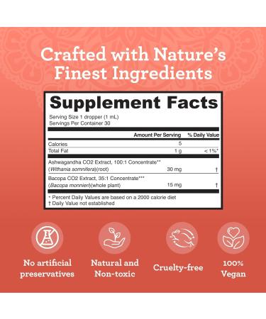 GuruNanda Liquid Ashwagandha with Bacopa (1 Fl Oz) - Natural Dietary Supplement- Liquid Extract Drops - for Men & Women- Vegan & Alcohol-Free - Aids in Immune Focus & Relaxation Support - Buy Online on GoSupps.com