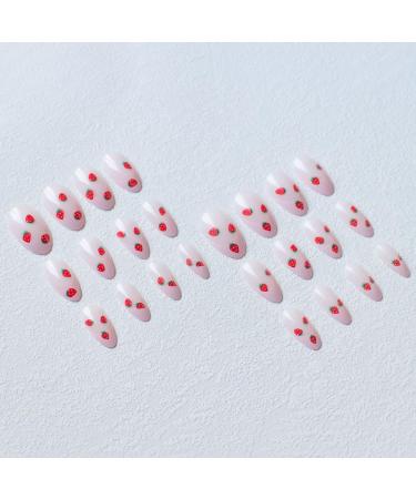 24Pcs Pink French Tip Press-On Nails - Cute Strawberry Short Almond Fake Nails for Women & Girls | Full Cover Nude Pink Acrylic Spring Manicure - Buy Online on GoSupps.com