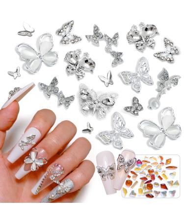 90 PCS 3D Butterfly Nail Rhinestones Charms Sliver Metal Acrylic Nail Art Alloy Shiny Crystals Gems Diamonds Nail DIY Jewels Accessories Design Supplies Decoration Set Sliver Butterfly