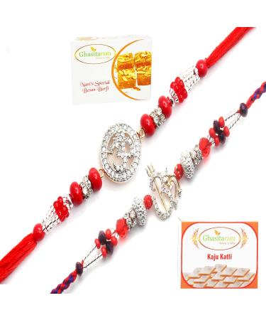 Ghasitaram Gifts Rakhi for Brother Rakhis Online - Set of 2 Chants of Om and Blessings of The Highest Aura Premium Rakhis with 200 GMS of Besan Barfi and 200 GMS of Kaju Katli
