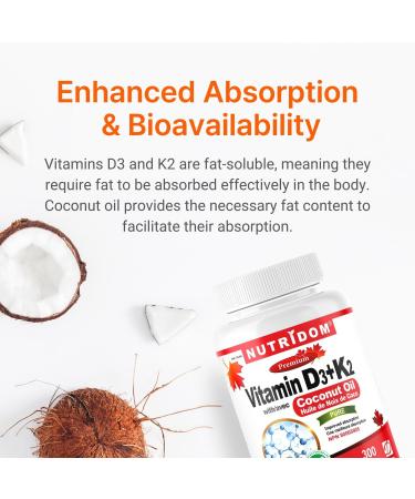 Nutridom Vitamin D3 + K2 1000IU/120MCG | MK-7 K2 with Cholecalciferol D3 in Coconut Oil | Helps Support Bones Teeth and Immune Function | Non-GMO Gluten-free and Dairy-free (300 Count) 300 count (Pack of 1) - Buy Online on GoSupps.com