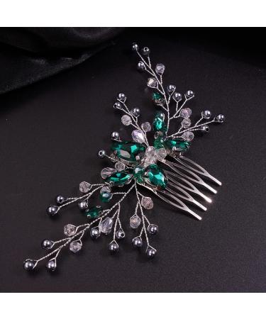 Teyglen Women Simple Green Crystal Bride Wedding Hair Comb Rhinestone Pearl Hair Pieces Hair Accessories for Bride Bridal Side Comb for Women Girls