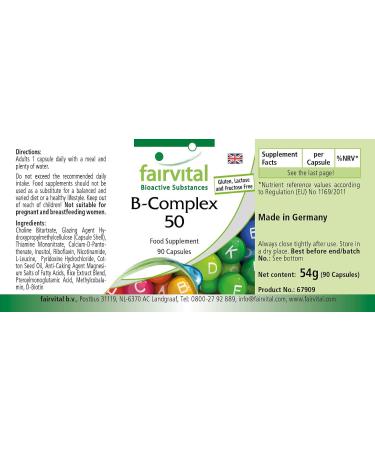 Fairvital | Vitamin B Complex - box of 3 months - with Vitamin B1 B2 B3 B6 B12 folic acid choline inositol and Biotin - VEGAN - Highly dosed - 90 capsules - Buy Online on GoSupps.com