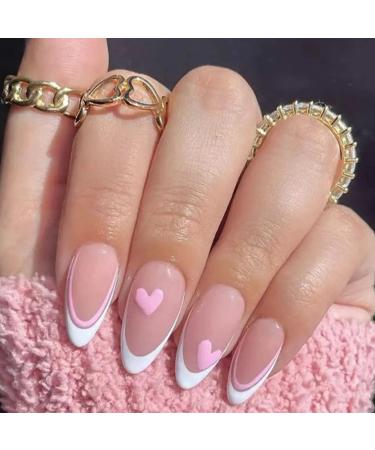 False Nails Medium Length French Stick on Nails 24pcs Almond Pink Press On Nails with Glue Elegant Ballet Heart Design Sweet Fake Nails for Women Girls DIY (French Love) Hearts