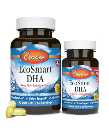 Carlson - EcoSmart DHA 500 mg DHA Sustainable Source Healthy Vision & Brain Function Lemon 60+20 Softgels 40 Count (Pack of 2)