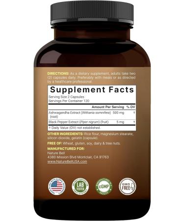 NatureBell Ashwagandha with Black Pepper Extract 240 Capsules | Ashwagandha Complex with Root Extract Herbal Supplements for Women & Men Non-GMO Gluten Free - Buy Online on GoSupps.com
