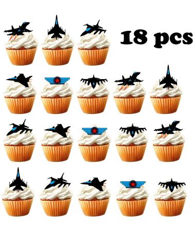 18pcs Military Airplane Cupcake Toppers Fighter Jet Party Supplies for Men Boy Air Force Party Decorations Black Blue Glitter Travel Theme Cool Plane Aircraft Cake Decor - Buy Online on GoSupps.com
