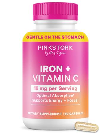 Pink Stork Iron for Women 18 mg Non-Constipating Iron Bisglycinate + Vitamin C for Optimal Absorption Energy Focus & Oxygen Supply PMS Pregnancy Postpartum & Perimenopause - 60 Capsules 60 Count (Pack of 1)