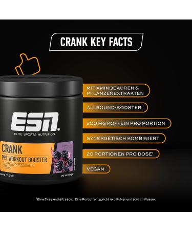 ESN Crank Blackberry 380g - Vegan Pre Workout Booster | Tested Quality | Made in Germany - Fast International Shipping - Buy Online on GoSupps.com