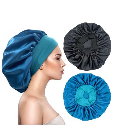 Eupinduo 2 pieces satin sleeping cap bonnet hair hood curly hood for sleeping hair hood for the night enlarged high elastic width creme soft female satin hood sleep black turquoise