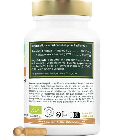 Organic Hericium Erinaceus | Memory Mushroom | Highly Dosed 37% Polysaccharides | 120 Vegan Capsules | Lion's Mane Vegan No Additives | Superior Quality | Made in France - Buy Online on GoSupps.com