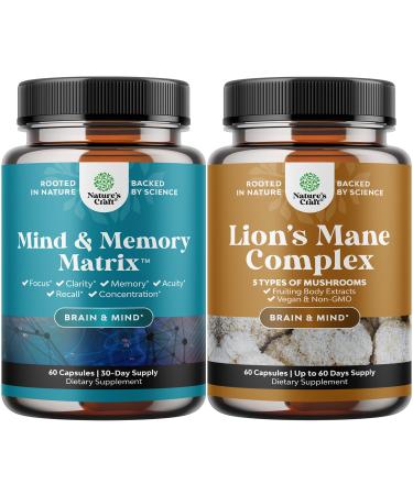 Bundle of Matrix Nootropic Brain Supplement for Memory and Focus Enhancement. Vitamins for Mental Health & Clarity and Advanced Lion's Mane Mushroom Supplement Capsules for Brain Health & Focus