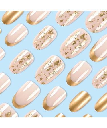 Gold Press on Nails - 24 Pcs Almond French Tip Fake Nails with Gold Foil Designs | Glossy Acrylic Full Cover Nails for Women - Buy Online on GoSupps.com
