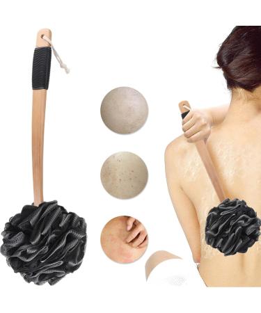 Long Handle Shower Sponge with Back Scrubber Brush, 2 Body Wash Puffs - Black Loofah Bath Sponges for Exfoliation | Men, Women, Elderly - Buy Online on GoSupps.com