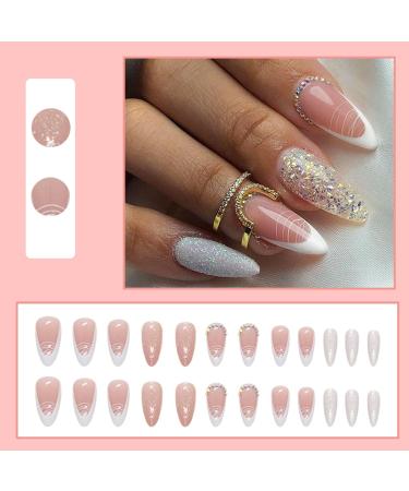 24Pcs Almond French Tips Medium False Nails with Adhesive Tabs - Glossy White Lines, Acrylic Full Cover Stick on Nails for Women - DIY Nail Art - Buy Online on GoSupps.com